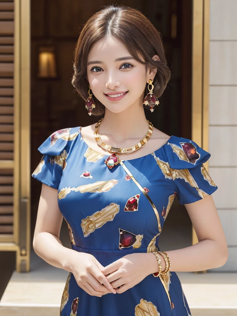 Фотоrealistic、Part of the masseter muscle、top quality、A high resolution、Raw photo、realistic、bright lighting、face light、smooth professional lighting、Japanese、Beautiful woman、simulated、intaglio printing、sexual、super beautiful、realistic and beautiful skin、Beautiful and detailed eyes、detailed face、slim、medium large breasts、short hair、brunette hair、Brown eyes、looking at the camera、Pose for a photo,((Bright blue garnet dress with print:1.3))、((shy smile:1.3)),((Gold necklace＿big earrings:1.2)),full body shot、((The supermodel stands tall, whole body in frame))