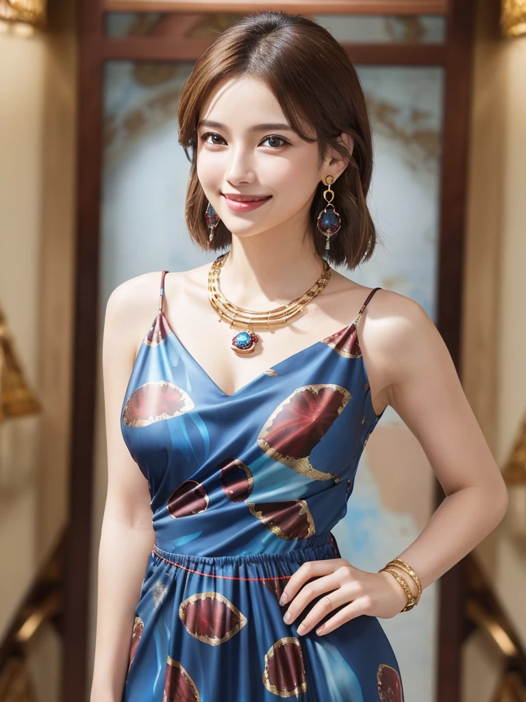 Фотоrealistic、Part of the masseter muscle、top quality、A high resolution、Raw photo、realistic、bright lighting、face light、smooth professional lighting、Japanese、Beautiful woman、simulated、intaglio printing、sexual、super beautiful、realistic and beautiful skin、Beautiful and detailed eyes、detailed face、slim、medium large breasts、short hair、brunette hair、Brown eyes、looking at the camera、Pose for a photo,((Bright blue garnet dress with print:1.3))、((shy smile:1.3)),((Gold necklace_big earrings:1.2)),full body shot、((The supermodel stands tall, whole body in frame))