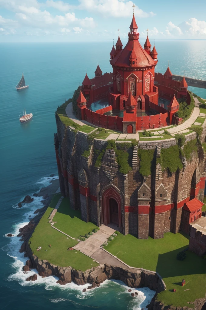 A red fortress,facing a bay on a 2d background