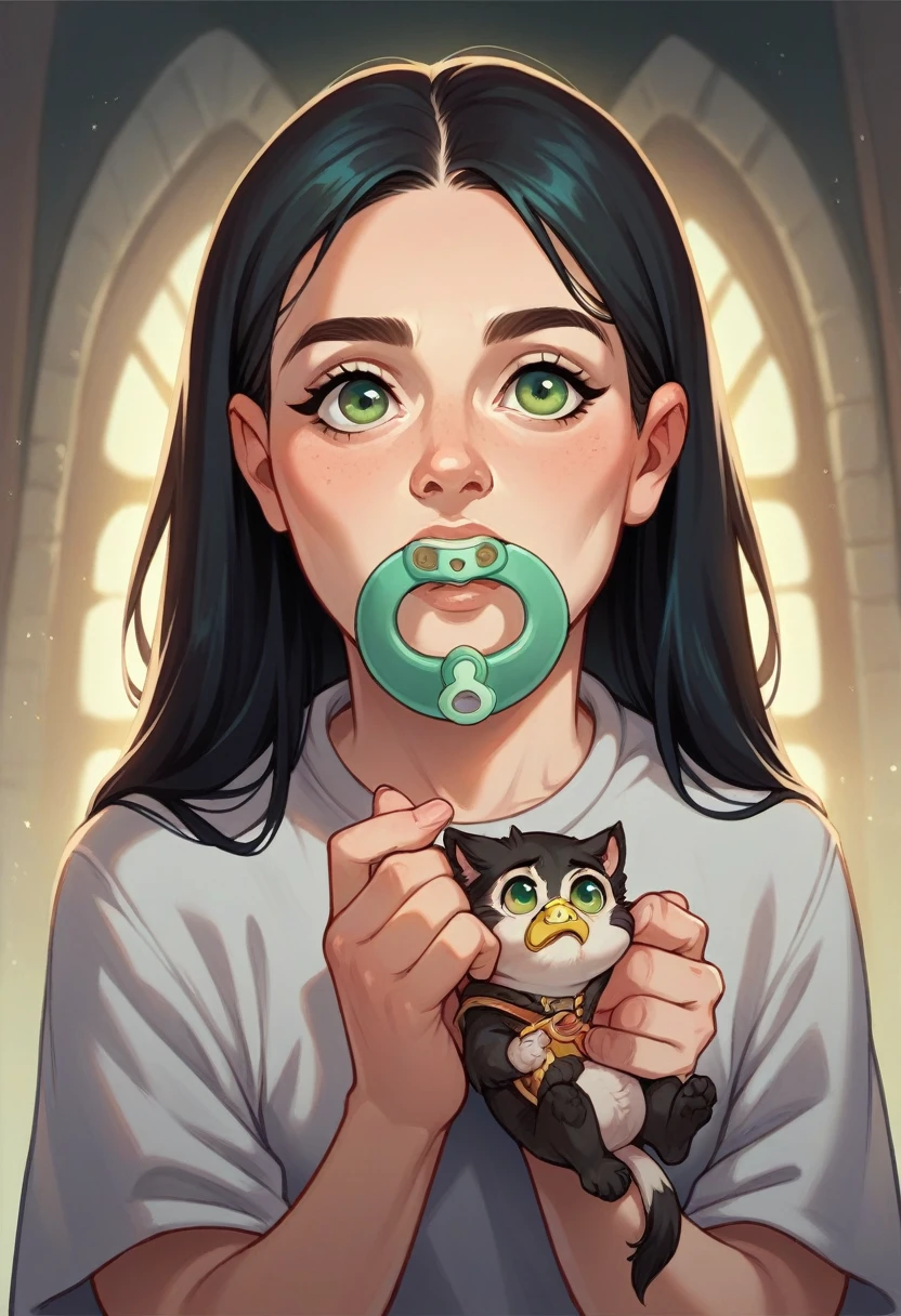 A baby with black hair,with a white spot,one green eye and with a pacifier in the mouth,Harry Potter Gryffindor robes