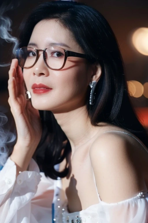 Highest quality、masterpiece、High sensitivity、High resolution、Detailed Description、Slender women、Bewitching Mature Woman、Glasses、Casual clothes、Smoke a cigarette、