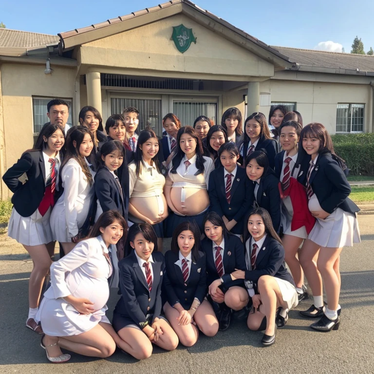 very very big pregnant midriff school blazer woman,belly button, classroom,(group photo,20 people)