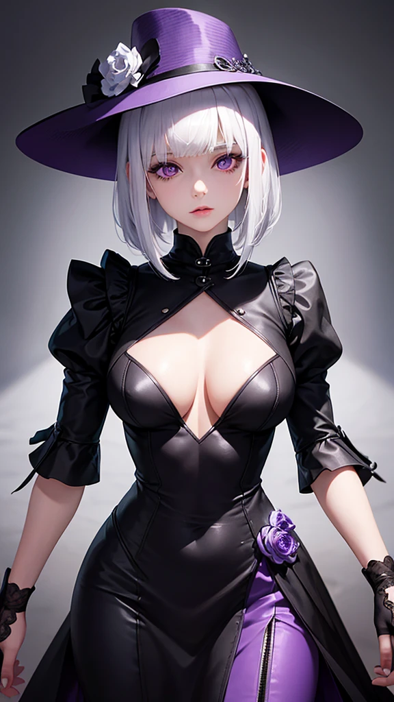 girl with white hair,with bangs, black gloves, purple clothes, purple dress, 4K, masterpiece, perfect body, stem,perfect eyes, perfect shading, perfect lighting, best quality, work of art, ultra detailed, detailed clothing