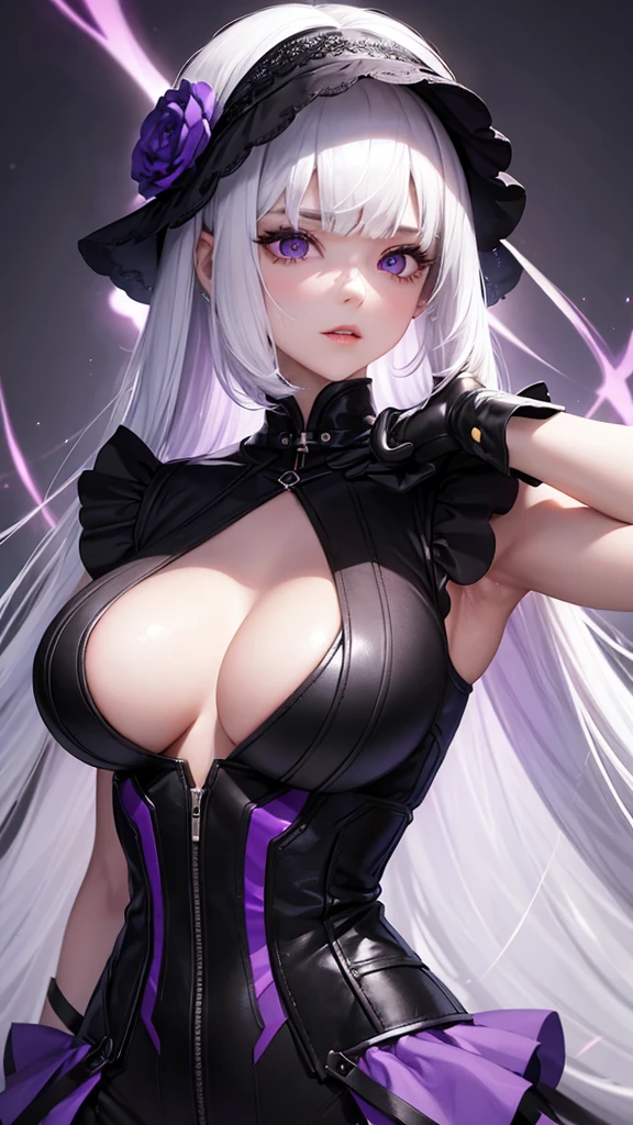 girl with white hair,with bangs, black gloves, purple clothes, purple dress, 4K, masterpiece, perfect body, stem,perfect eyes, perfect shading, perfect lighting, best quality, work of art, ultra detailed, detailed clothing