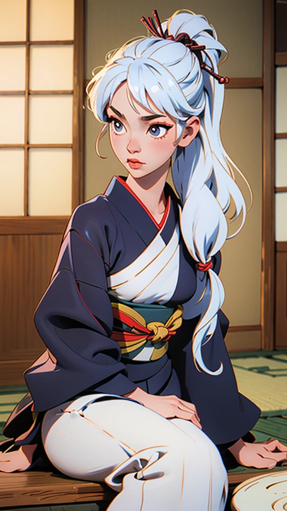 Geisha with white, tied hair sitting inside a traditional Japanese house