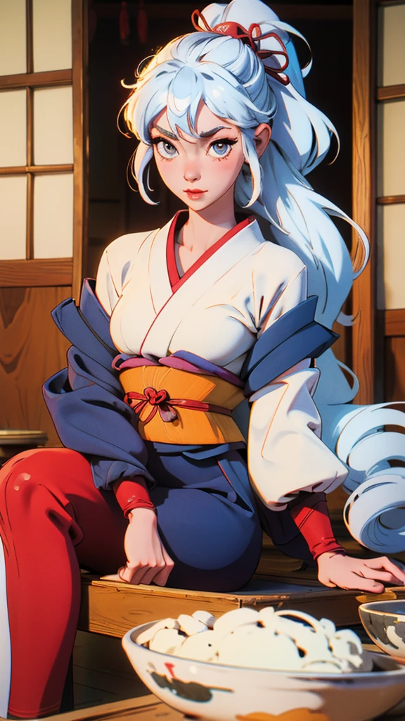 Geisha with white, tied hair sitting inside a traditional Japanese house