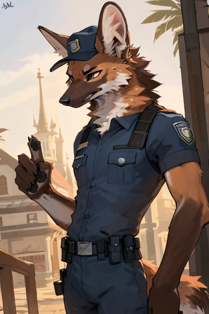 close up, furry, anthro, giant maned wolf, maned wolf ears, maned wolf tail, orange, white and brown fur, messy fur, neck floof, brown fluffy mohawk, brown eyes, razor sharp teeth, slim body, handsome, slender, lanky body, really long arms, really long legs, tall, wearing a spanish police officer uniform, police gear and police cap, pawpads, black pawpads, ((best quality, 4K, UHD, masterpiece)), patrolling a spanish town, alone, sunny day, 