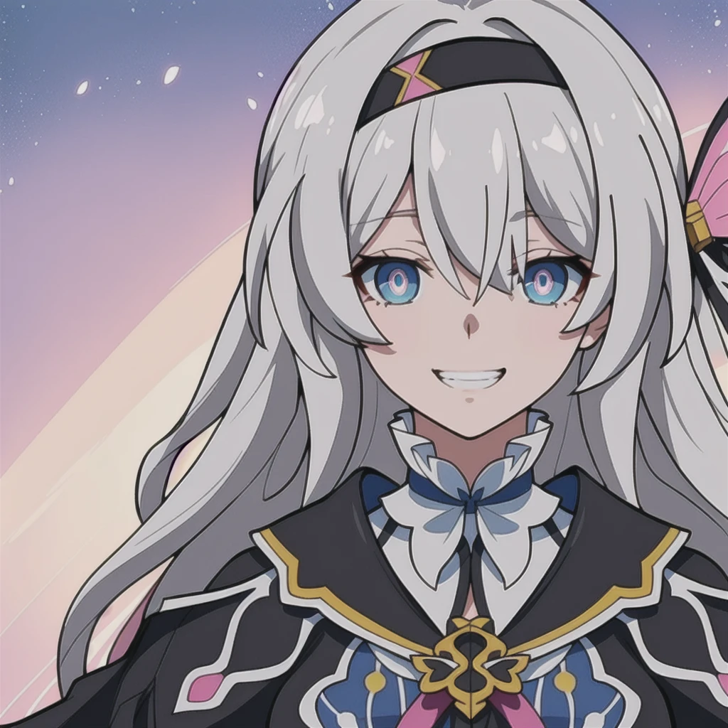 anime girl, grin, happy expression, light grey hair, firefly, dark brown clothes, 1girl, masterpiece, (beautiful and aesthetic:1. 5), thick black lineart, pink and  blue eyes, clean lineart, perfect lineart, variable lineart, clean anime outlines, intense line art, bold lineart, sharp lineart, best quality, high quality, best quality, ultra-detailed, colourful, saturated colours, dynamic lighting, HD,