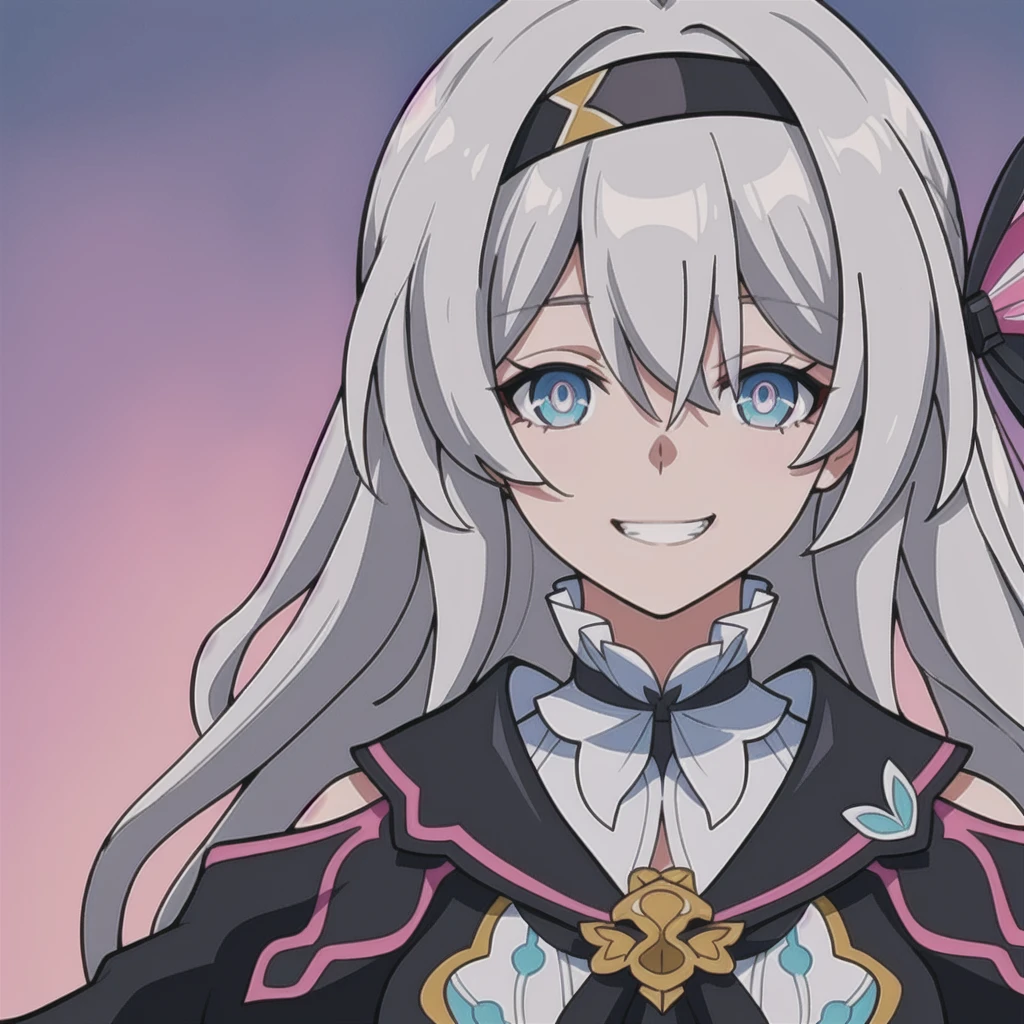 anime girl, grin, happy expression, light grey hair, firefly, dark brown clothes, 1girl, masterpiece, (beautiful and aesthetic:1. 5), thick black lineart, pink and  blue eyes, clean lineart, perfect lineart, variable lineart, clean anime outlines, intense line art, bold lineart, sharp lineart, best quality, high quality, best quality, ultra-detailed, colourful, saturated colours, dynamic lighting, HD,