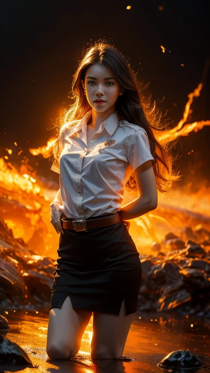 (fire element:1.1), medium long shot, It consists of fire element,fire,transparency,burning,(molten rock),Frame print,burning hair,smoke,cloud,chopped, girl engulfed in flames, Flames fly and sparks scatter,mano burning,translucent luminescence, 18s woman in thai university uniform, long straight fire hair, white shirt, black tight mini skirt, brown belt, white sneakers, masterpiece:1.2, high detail, realistic, cinematic scene, fire goddess, perfect figure, 16k, close up, portrait photo, dynamic powerful pose