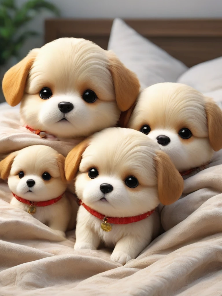 With the sunset in the background,(masterpiece:1.2, high quality), Several Mameshiba puppies sleeping together in bed、