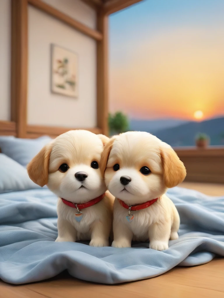 With the sunset in the background,(masterpiece:1.2, high quality), Several Mameshiba puppies sleeping together in bed、