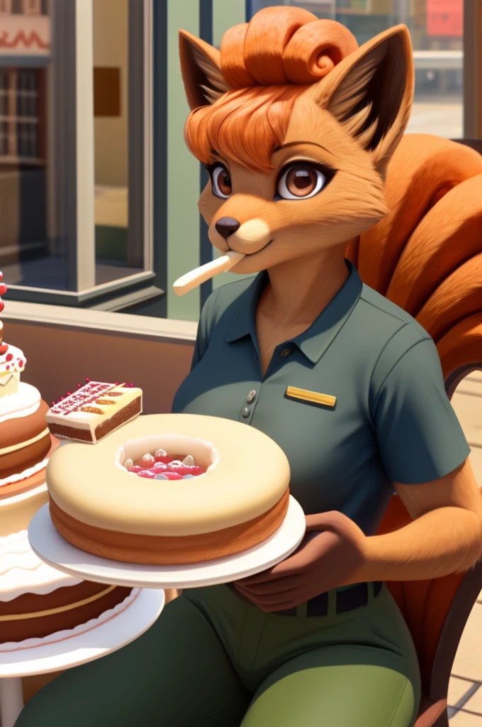 Anthro photorealistic humanoid furry fluffy female fursuit Vulpix with brown eyes wearing a green shirt and navy pants at a cake shop eating a jelly donut table chairs window street view tails