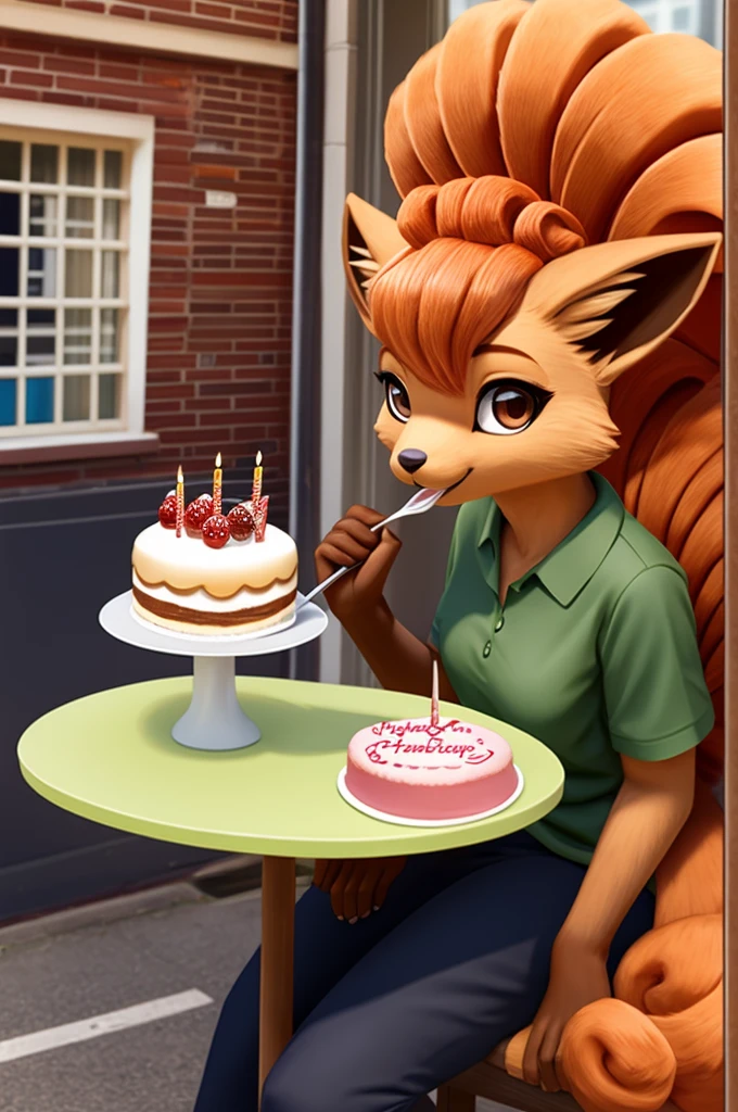 Anthro photorealistic humanoid furry fluffy female fursuit Vulpix with brown eyes wearing a green shirt and navy pants at a cake shop eating a jelly donut table chairs window street view tails