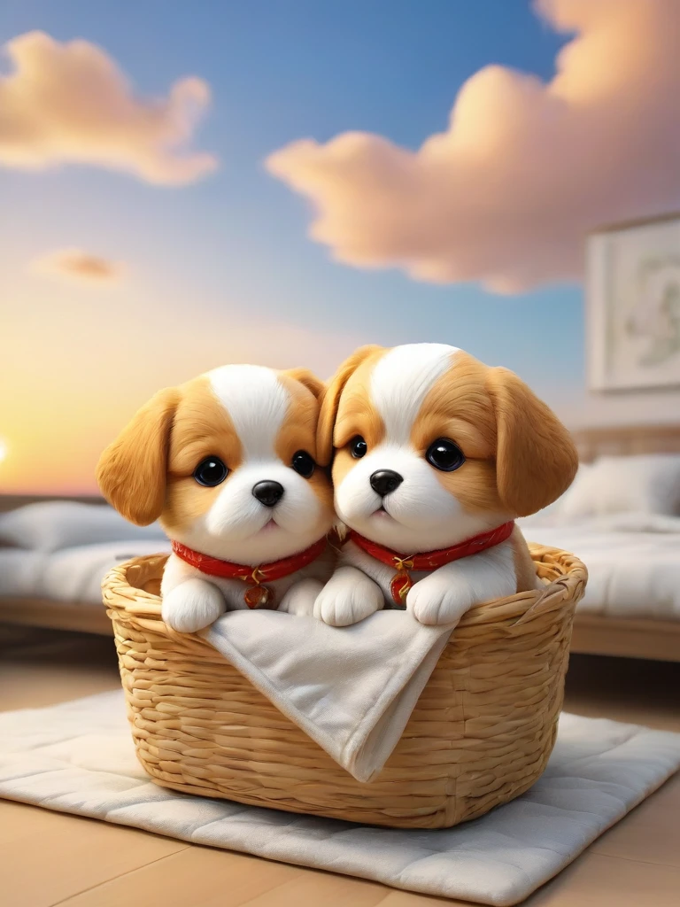 With the sunset in the background,(masterpiece:1.2, high quality), Several Mameshiba puppies sleeping together in bed、