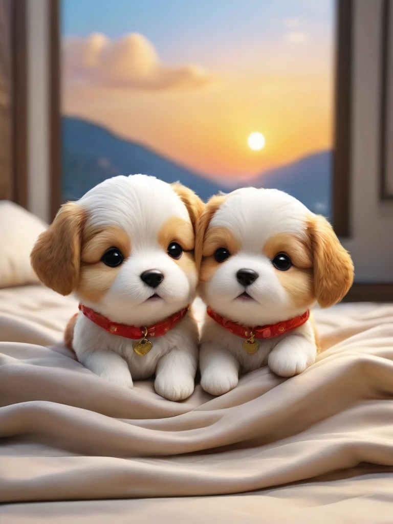 With the sunset in the background,(masterpiece:1.2, high quality), Several Mameshiba puppies sleeping together in bed、