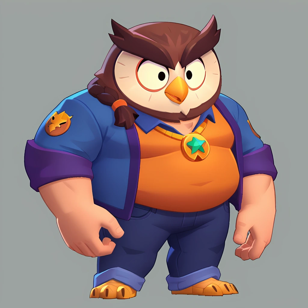 Full body view from an anthropomorphic obese brown owl, bulging eyes, oval yellow beak, dressed in a blue polo shirt, purple jeans with orange trim on the side, gold braid, owl head logo on his polo shirt, weapons in hands, brawl, brawl stars
