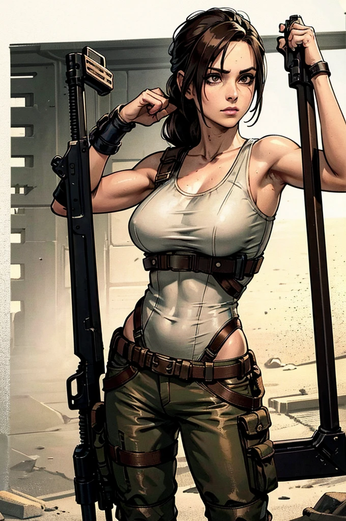 a military woman, well trained body, white sleeveless t-shirt, Exposed collarbone, beige leather shelter, blue pants, two leather belts with gun pockets, dark brown hair, carving, Brown eyes, hazel left eye, left eye with a scar, beach shore, at daytime, getting off a water boat, calm expression, sparkling beach, In a post-apocalyptic environment, post - apocalyptic cowgirl, Post - Apocalyptic style, Post apocalyptic clothing, pose, post-apocalyptic, Postapocalyptic style, post apocalyptic grunge, Post - Apocalyptic Scavenger. (Ultra quality) 8k quality, detailed, perfect light, perfect angle, perfect sharpness.