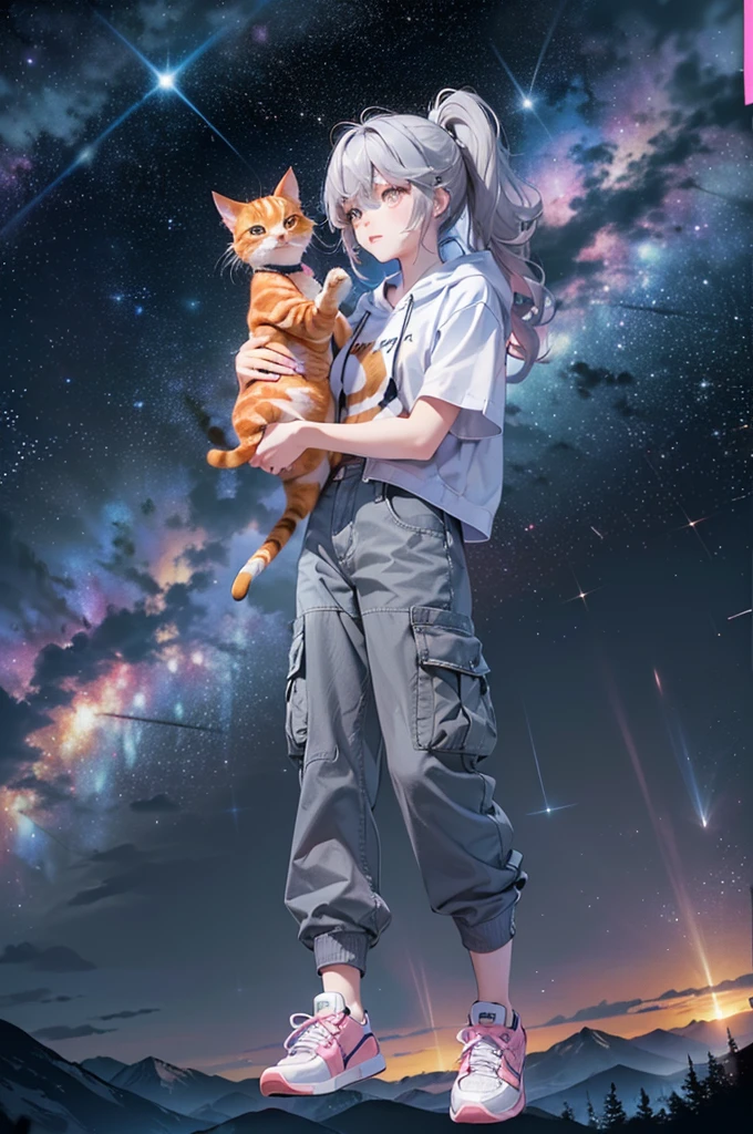 (((Holding a cute orange bantam cat in both hands)))，((Highest quality，masterpiece，Full frontal view of a super mature and tall beauty，Air bangs，Blue gray high ponytail super long straight hair，Slightly curly hair on double sideburns，Hair ends curled in，Gray and pink short T-shirt，Light blue denim gray hooded jacket，Black and gray long and wide cargo pants，Pink and white sneakers，(((Look at the camera head-on)))，starry sky galaxy background