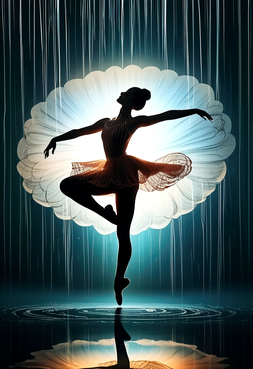 The silhouette of a ballet dancer gradually formed by the rain， Lake, Digital Art Style, Simple lines，Silhouette of a ballet dancer dancing beautifully from above, 暴雨 dancing with the light Simple lines, Silhouette Art, background, illustration, 暴雨background, cartoon, 纯色background, texture, lotus, Warm atmosphere, Mysterious feeling, Dancing in the heavy rain, A style that displays waterspouts and light，Double Exposure，reflection