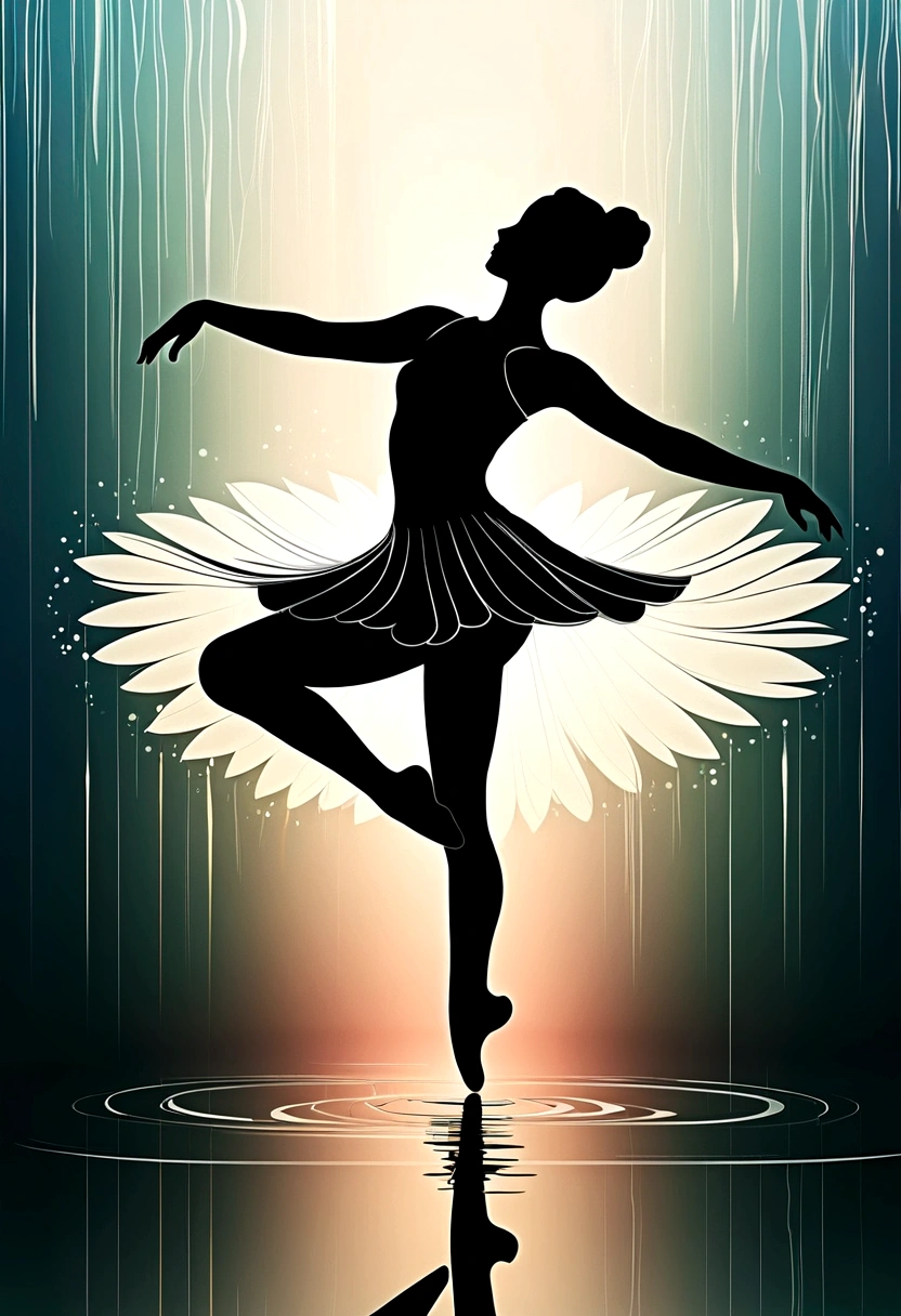 The silhouette of a ballet dancer gradually formed by the rain， Lake, Digital Art Style, Simple lines，Silhouette of a ballet dancer dancing beautifully from above, 暴雨 dancing with the light Simple lines, Silhouette Art, background, illustration, 暴雨background, cartoon, 纯色background, texture, lotus, Warm atmosphere, Mysterious feeling, Dancing in the heavy rain, A style that displays waterspouts and light，Double Exposure，reflection