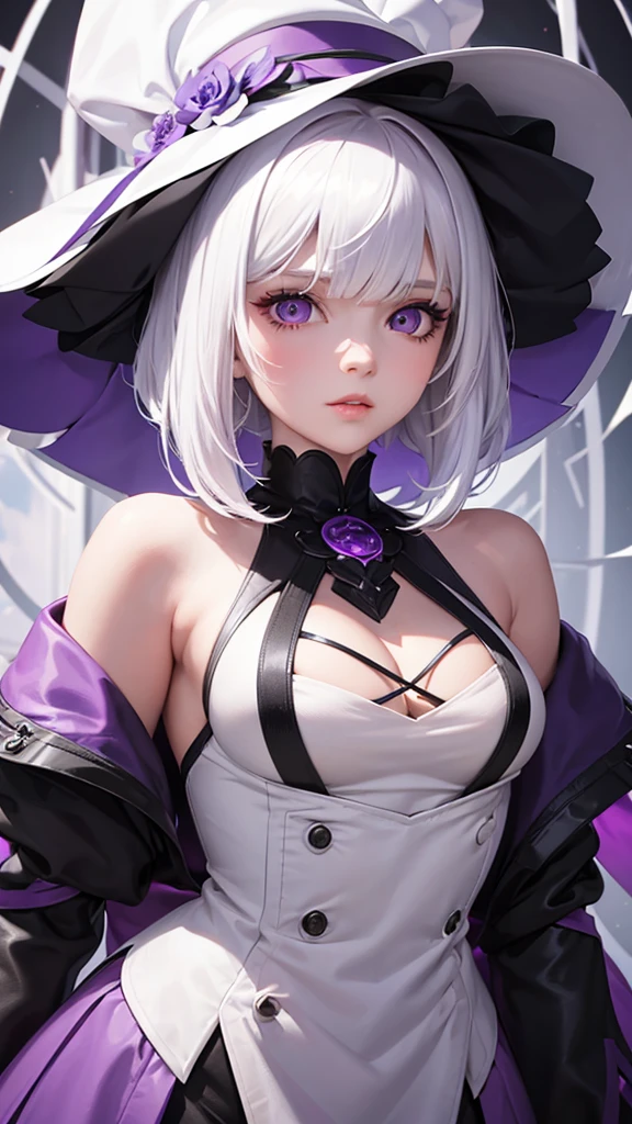 girl with white hair,with bangs, black gloves, purple clothes, purple dress, 4K, masterpiece, perfect body, stem,perfect eyes, perfect shading, perfect lighting, best quality, work of art, ultra detailed, detailed clothing