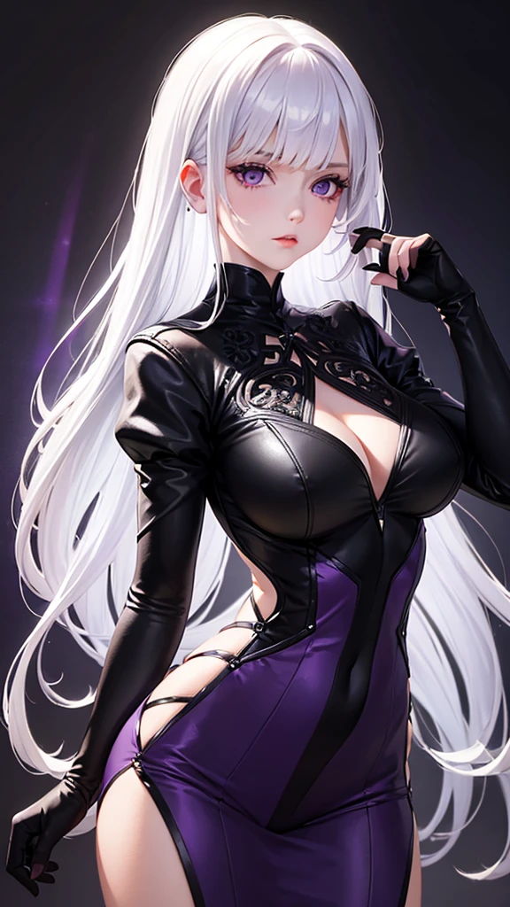 girl with white hair,with bangs, black gloves, purple clothes, purple dress, 4K, masterpiece, perfect body, stem,perfect eyes, perfect shading, perfect lighting, best quality, work of art, ultra detailed, detailed clothing