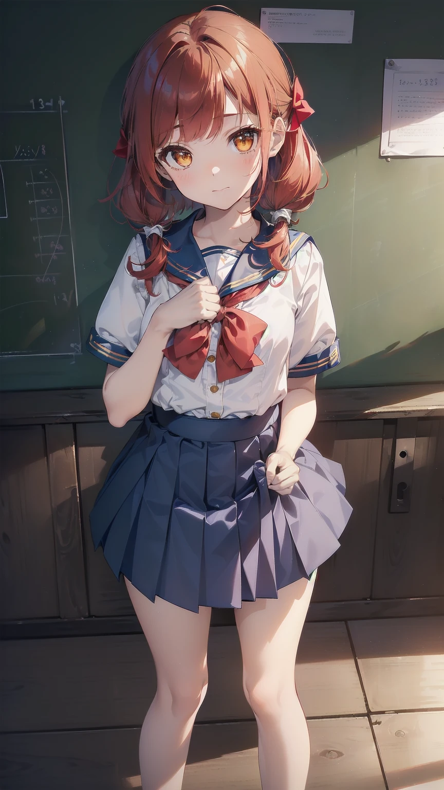 masterpiece,High resolution nilou,One girl,Sailor suit,classroom,Red Hair,Short Hair,high school girl,Pull up your skirt,nsfw,Show your underwear,