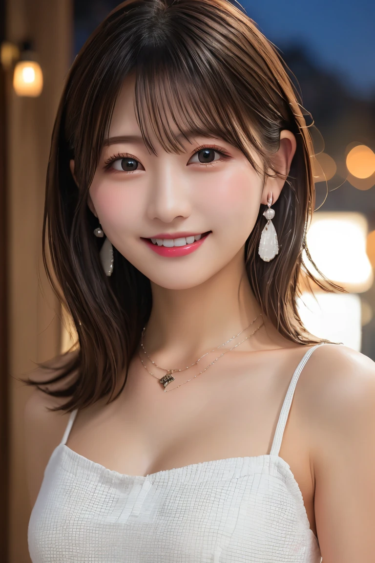 Highest quality, (beautiful)、A flashy mini dress with shoulder straps、Larger breasts、Brown Hair、looking at the camera、bed、Close-up、pub、necklace、Earrings、night、smile