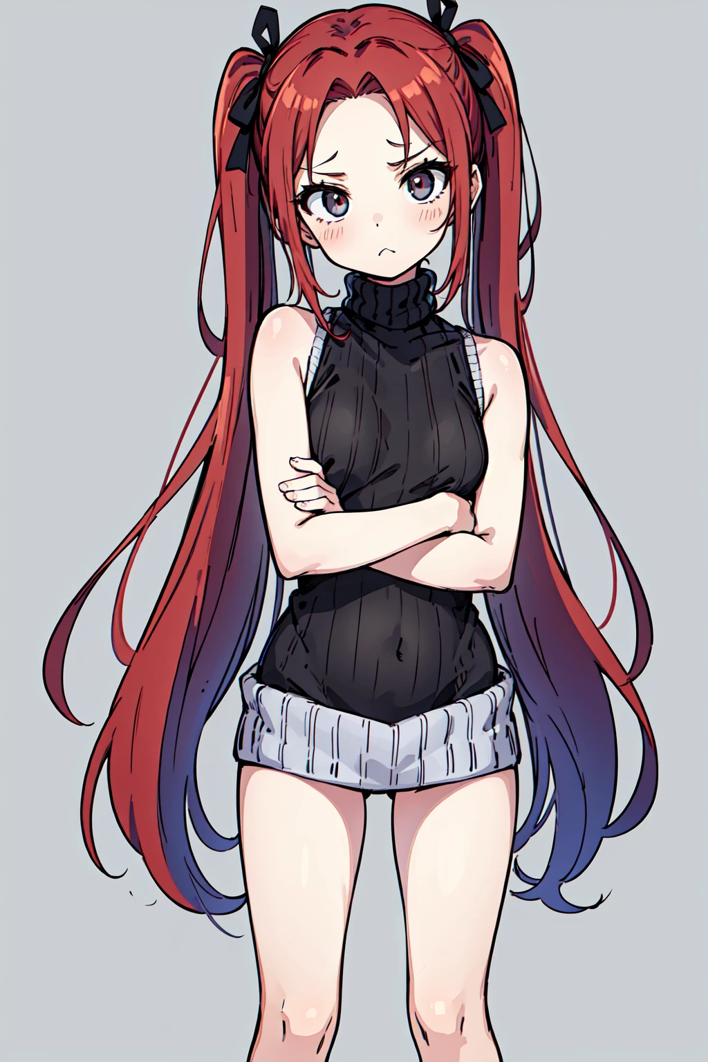 1girl, tsundere, small breasts, ((full belly)), (red hair:1.2, twintails, very long hair, open forehead)), black hair ribbons, (sweater, turtleneck sweater, backless sweater, sleeveless, bottomless), standing, (crossed arms), :< expression, pouting, inexpressive, neutral, sfw, ((white background)), anatomically correct, best quality, award winning, highres, 16k, 1080P, HD, masterpiece, accurate, border, outside border, 