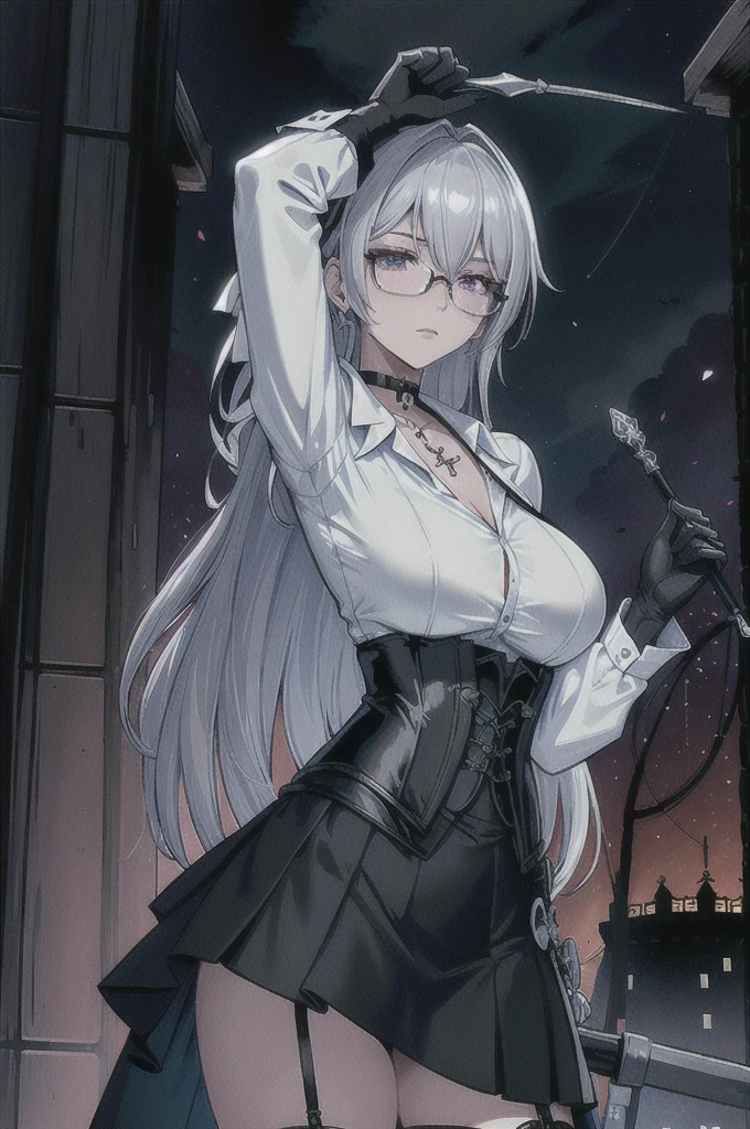 Masterpiece, Beautiful art, professional artist, 8k, art style by sciamano240, rostro de Bronya Zaychik, detailed body, Very detailed face, very detailed eyes, Detailed clothing, detailed fabric, Best Quality, better resolution,  1 girl, front view, standing, big breasts, serious expression,  at night , silver hair, glasses, choker:1.6, (long sleeve white collar buttoned shirt), (shiny black corset), black gloves covering your hands, holding an ax with his hand, (shiny black tight mini skirt), looking at the viewer, elegant room, Atmosphere, at night