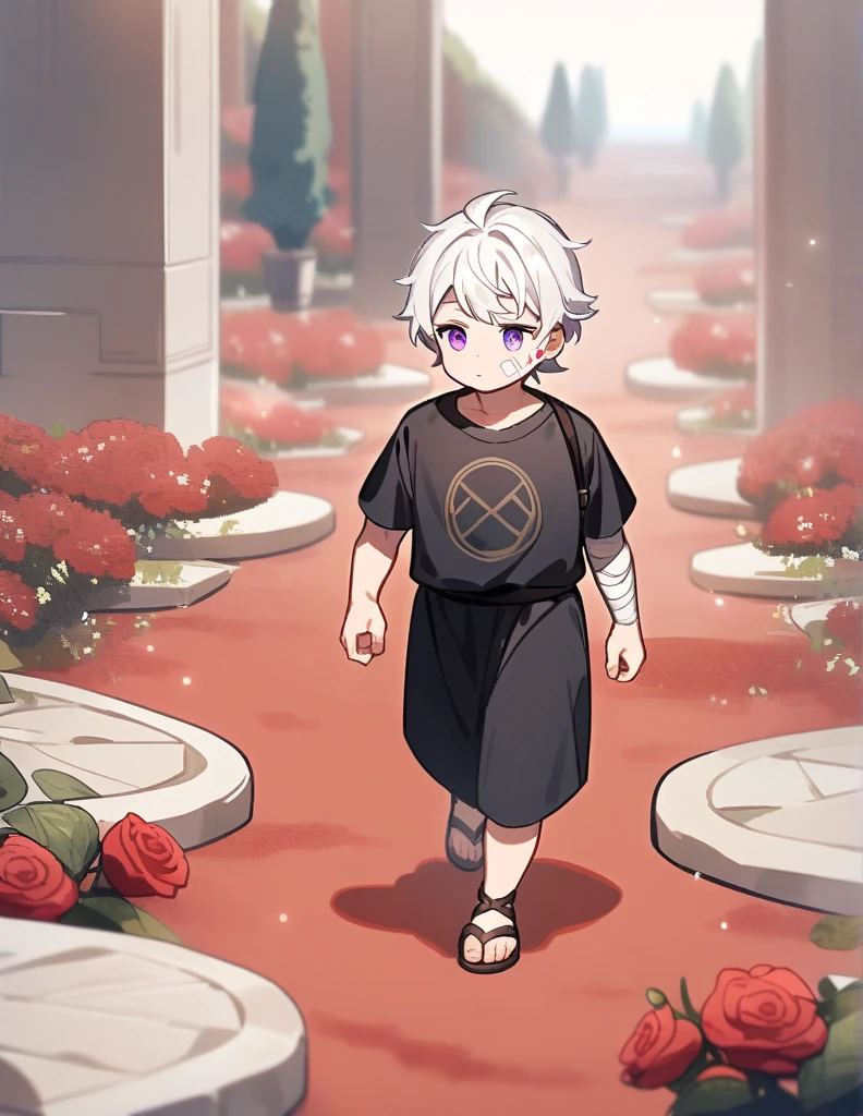 small Greek boy with white hair, violet eyes, wearing a black Greek shirt and ancient sandals, with bandages on his cheek and arm, walking in a red grass garden with rose and marble decorations