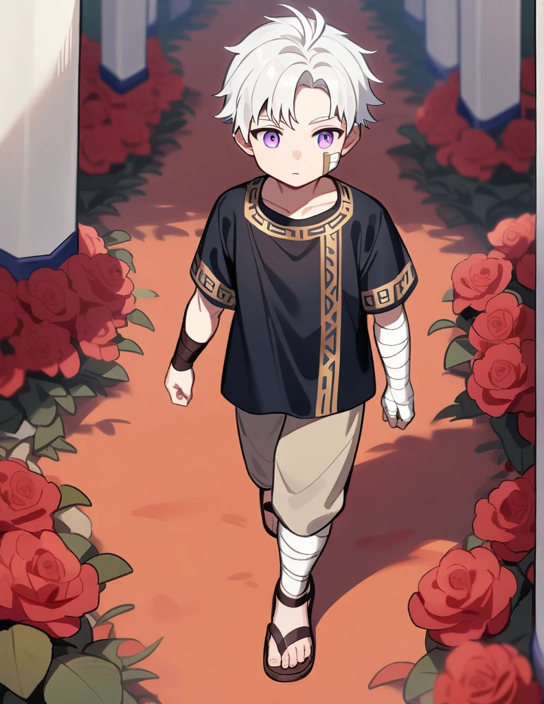 small Greek boy with white hair, violet eyes, wearing a black Greek shirt and ancient sandals, with bandages on his cheek and arm, walking in a red grass garden with rose and marble decorations