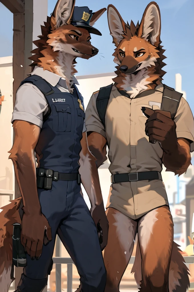 close up, furry, anthro, giant maned wolf, maned wolf ears, maned wolf tail, orange, white and brown fur, messy fur, neck floof, brown fluffy mohawk, brown eyes, razor sharp teeth, slim body, handsome, slender, lanky body, really long arms, really long legs, tall, wearing a spanish police officer uniform, police gear and police cap, pawpads, black pawpads, ((best quality, 4K, UHD, masterpiece)), patrolling a spanish town, alone, sunny day, 