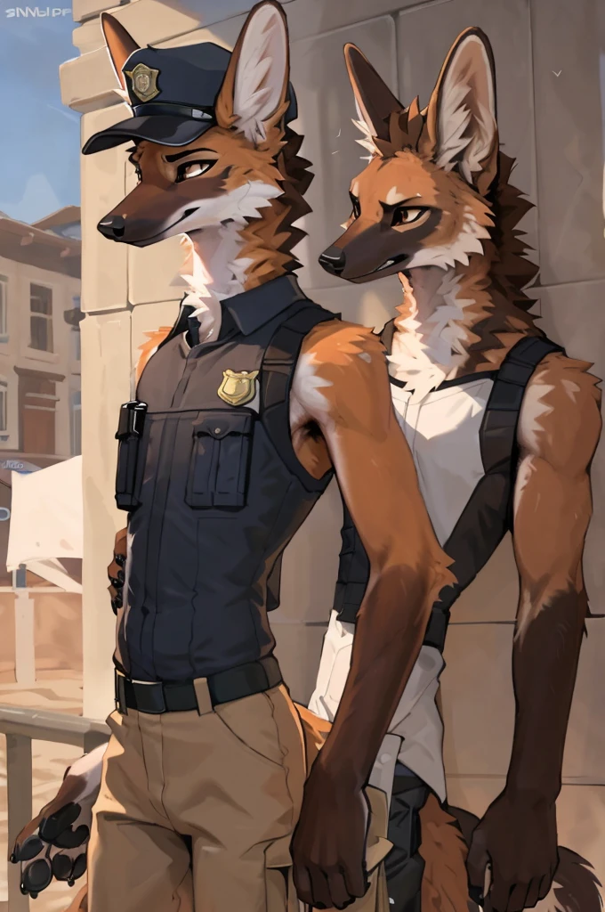 close up, furry, anthro, giant maned wolf, maned wolf ears, maned wolf tail, orange, white and brown fur, messy fur, neck floof, brown fluffy mohawk, brown eyes, razor sharp teeth, slim body, handsome, slender, lanky body, really long arms, really long legs, tall, wearing a spanish police officer uniform, police gear and police cap, pawpads, black pawpads, ((best quality, 4K, UHD, masterpiece)), patrolling a spanish town, alone, sunny day,