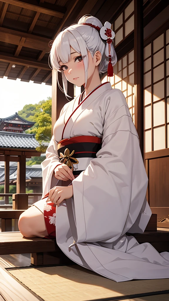 Geisha with white, tied hair sitting inside a traditional Japanese house
