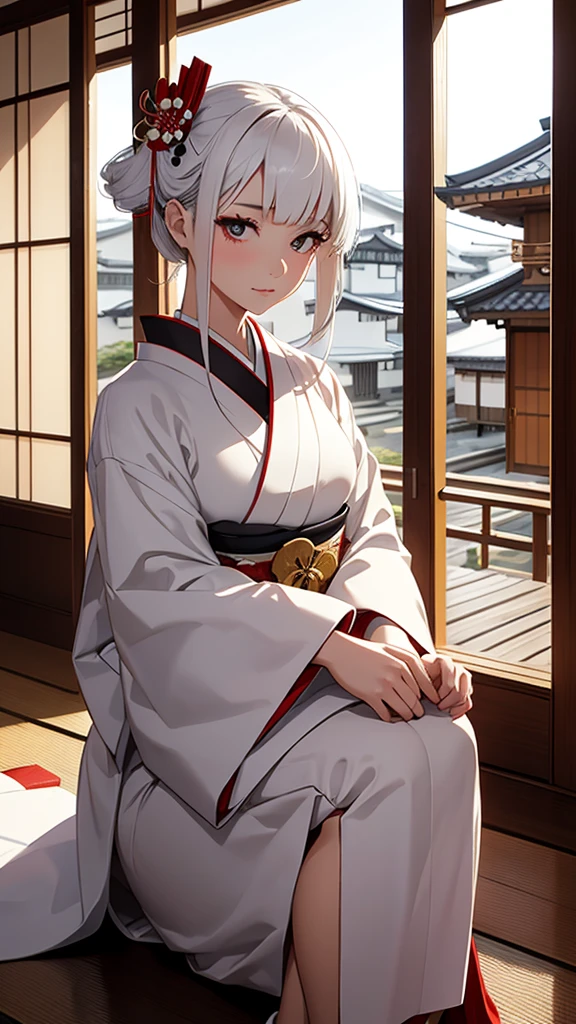 Geisha with white, tied hair sitting inside a traditional Japanese house