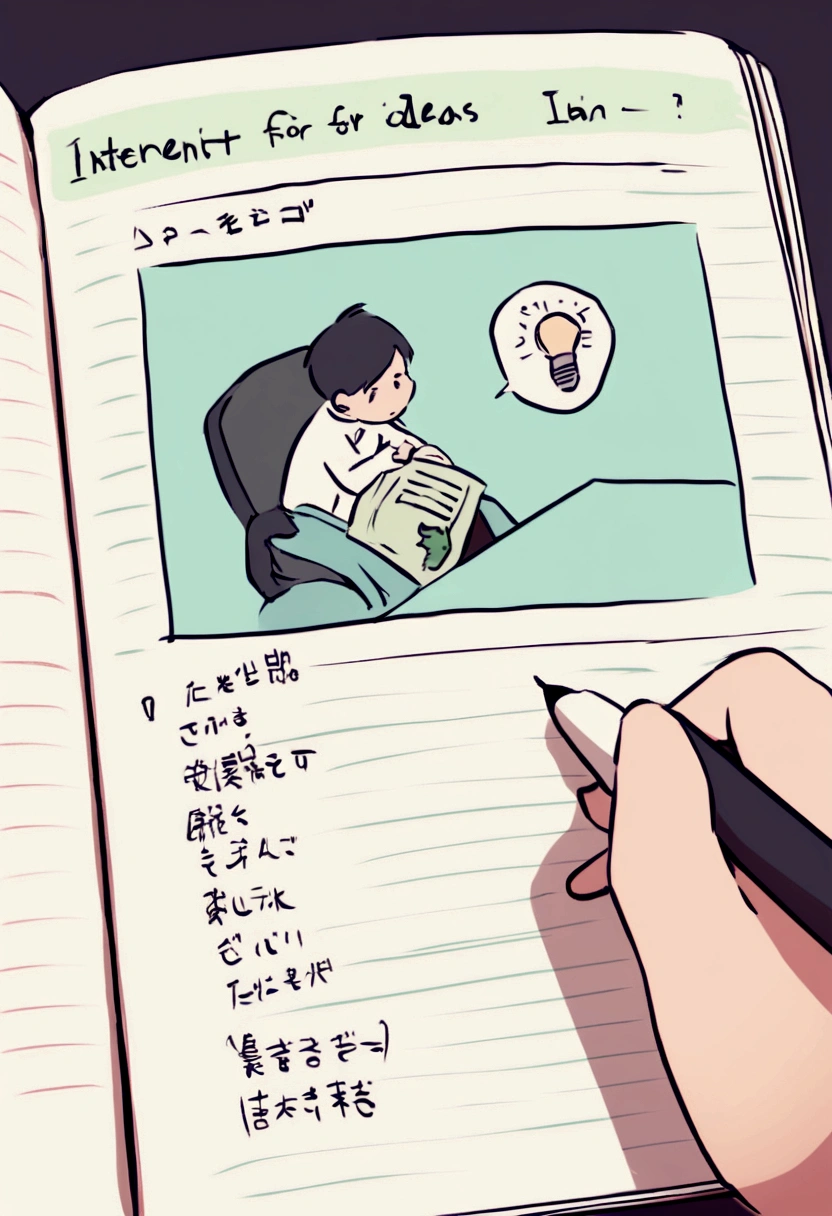 Person searching for ideas on the internet: Image of a person searching the internet or writing ideas in a notebook.
