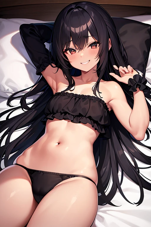 A girl with straight hair and black coloring, lying in bed wearing only extremely skimpy underwear with a seductive smile on her face.