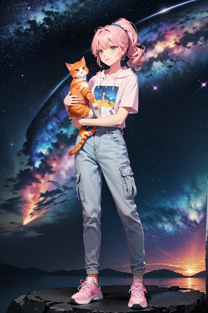 (((Holding a cute orange bantam cat in both hands)))，((Highest quality，masterpiece，Full frontal view of a super mature and tall beauty，Air bangs，Blue gray high ponytail super long straight hair，Slightly curly hair on double sideburns，Hair ends curled in，Gray and pink short T-shirt，Light blue denim gray hooded jacket，Black and gray long and wide cargo pants，Pink and white sneakers，(((Look at the camera head-on)))，starry sky galaxy background