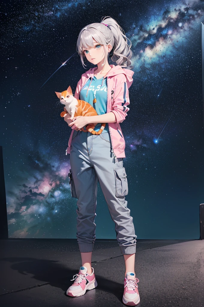 (((Holding a cute orange bantam cat in both hands)))，((Highest quality，masterpiece，Full frontal view of a super mature and tall beauty，Air bangs，Blue gray high ponytail super long straight hair，Slightly curly hair on double sideburns，Hair ends curled in，Gray and pink short T-shirt，Light blue denim gray hooded jacket，Black and gray long and wide cargo pants，Pink and white sneakers，(((Look at the camera head-on)))，starry sky galaxy background