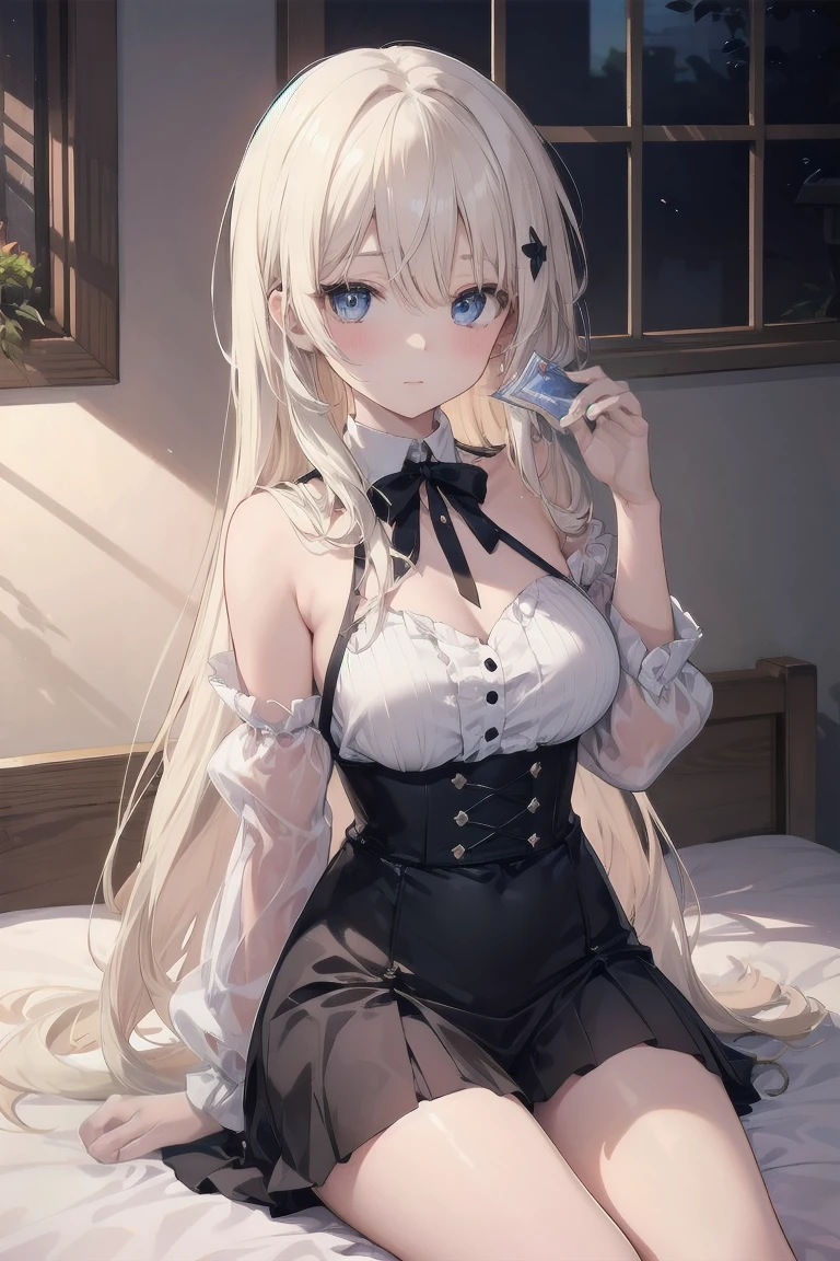 bright expression、photorealism、best quality、ultra high resolution、painting、絶妙にbeautiful北欧生まれの女の子の写真、extraordinary beautiful girl、可愛くてbeautiful顔の詳細、(face the children_v1:0.008)、beautiful bangs、Alice in Wonderland、s old、Radiant white skin、facial hair、Bangs that extend to the face、bangs between the eyes、very long hair、Attractive bright and natural platinum blonde super long straight silk hair、thin hair、fine quality eyes、beautiful, bright and clear, Big light blue eyes shine charmingly、with a condom、sitting on bed、eyeliner、double eyelid、bad bust、Bedtime、lying on his back、spraddle、sleep on one's side、on your feet、Futomo