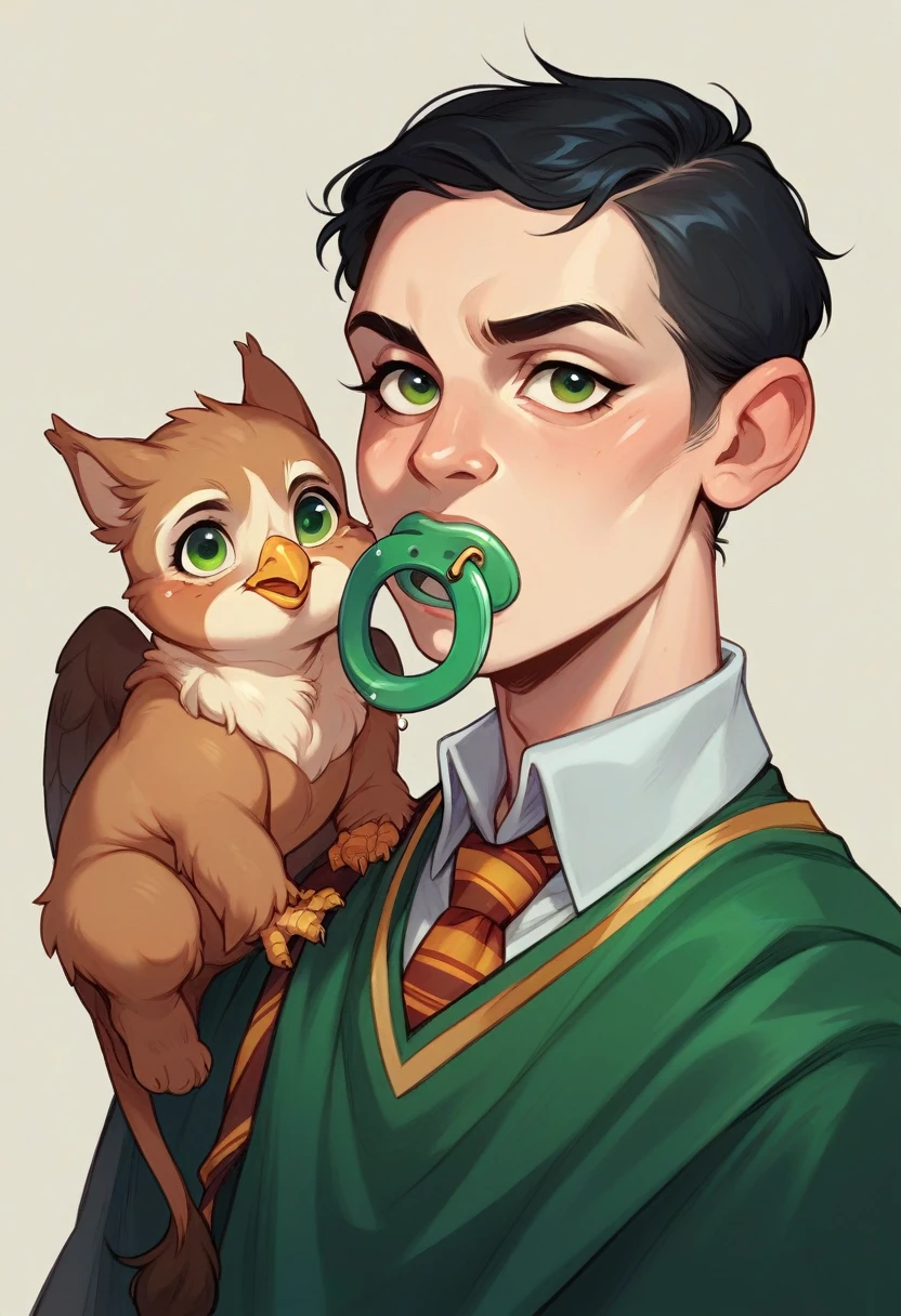 a 6 month old baby with black hair,with a white spot,one green eye and with a pacifier in the mouth,Harry Potter Gryffindor robes