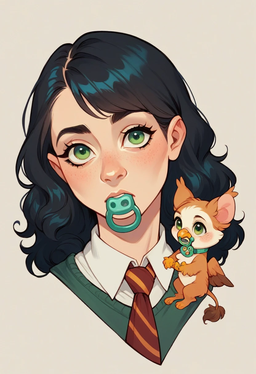 a 6 month old baby with black hair,with a white spot,one green eye and with a pacifier in the mouth,Harry Potter Gryffindor robes
