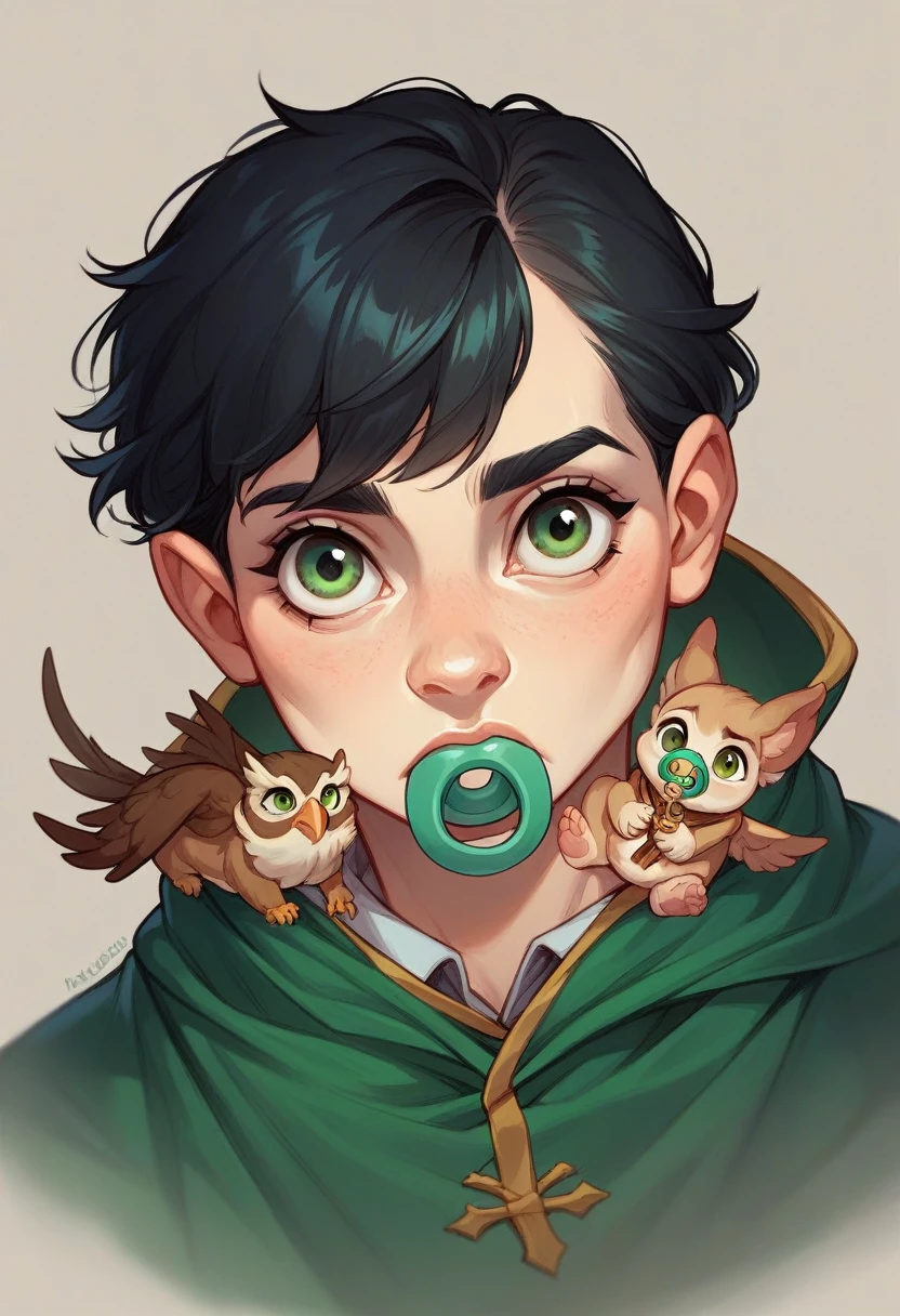 a 6 month old baby with black hair,with a white spot,one green eye and with a pacifier in the mouth,Harry Potter Gryffindor robes