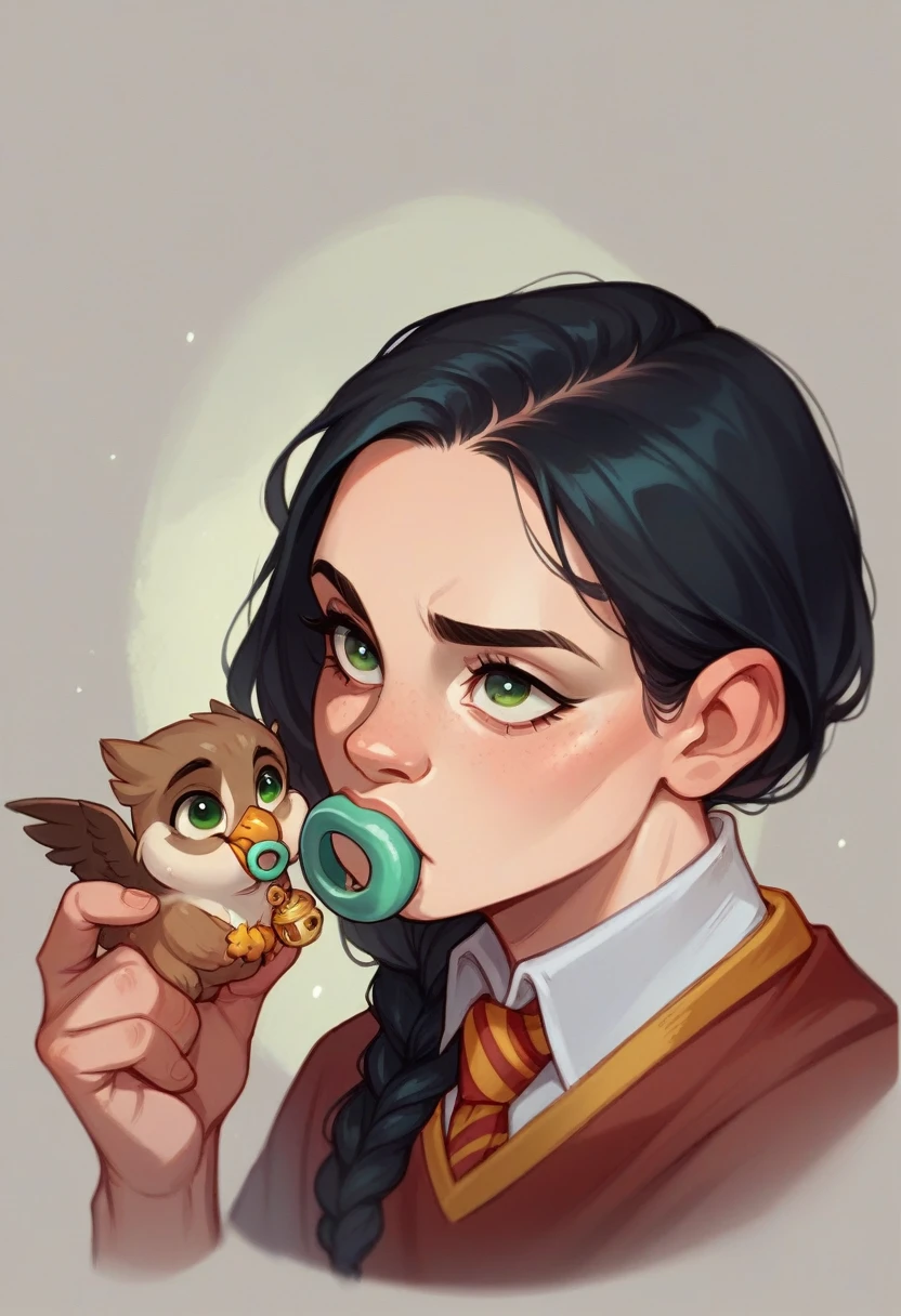 a 6 month old baby with black hair,with a white spot,one green eye and with a pacifier in the mouth,Harry Potter Gryffindor robes