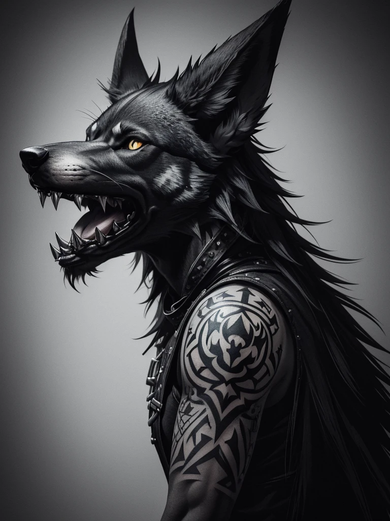 Black and white tattoo style design featuring a snarling wolf head with sharp teeth and an extended tongue, over a menacing human skull adorned with horns. Art with bold lines and crosshatched shading.