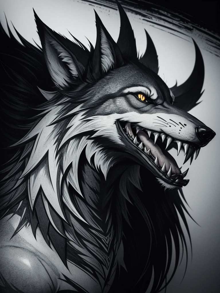 Black and white tattoo style design featuring a snarling wolf head with sharp teeth and an extended tongue, over a menacing human skull adorned with horns. Art with bold lines and crosshatched shading.