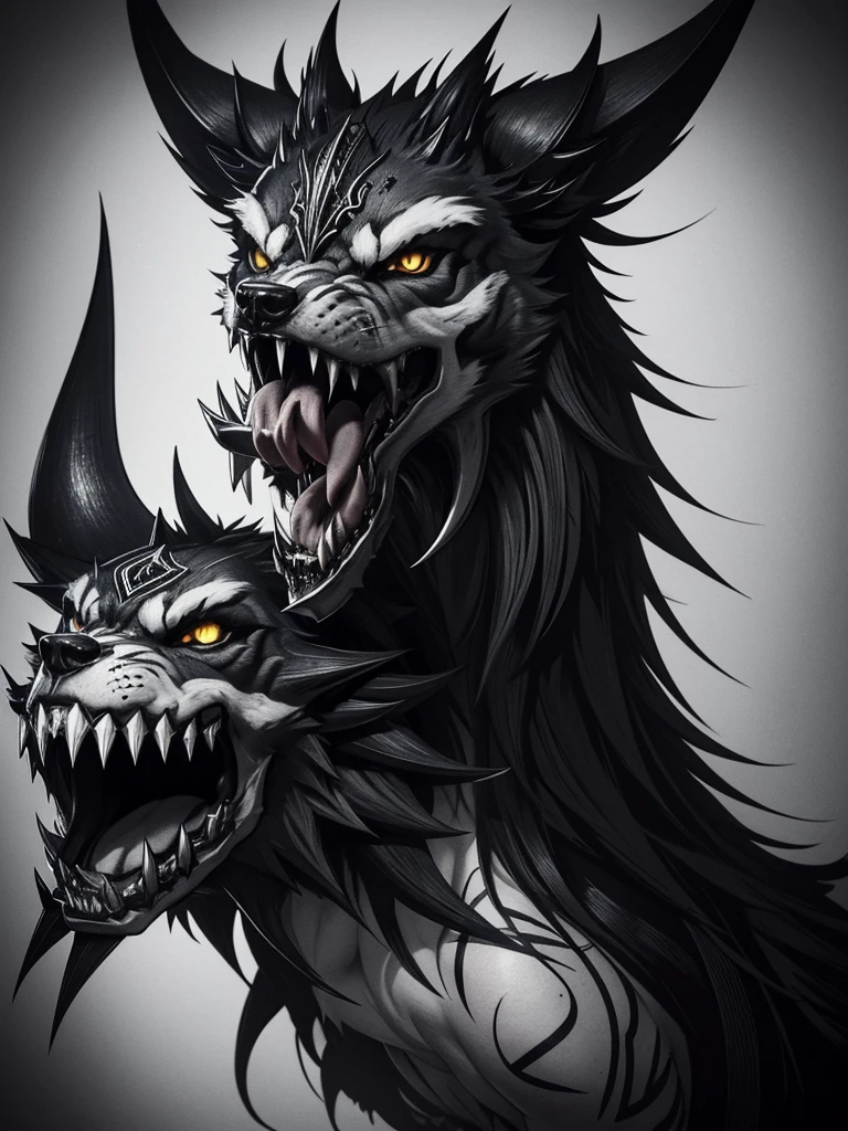 Black and white tattoo style design featuring a snarling wolf head with sharp teeth and an extended tongue, over a menacing human skull adorned with horns. Art with bold lines and crosshatched shading.