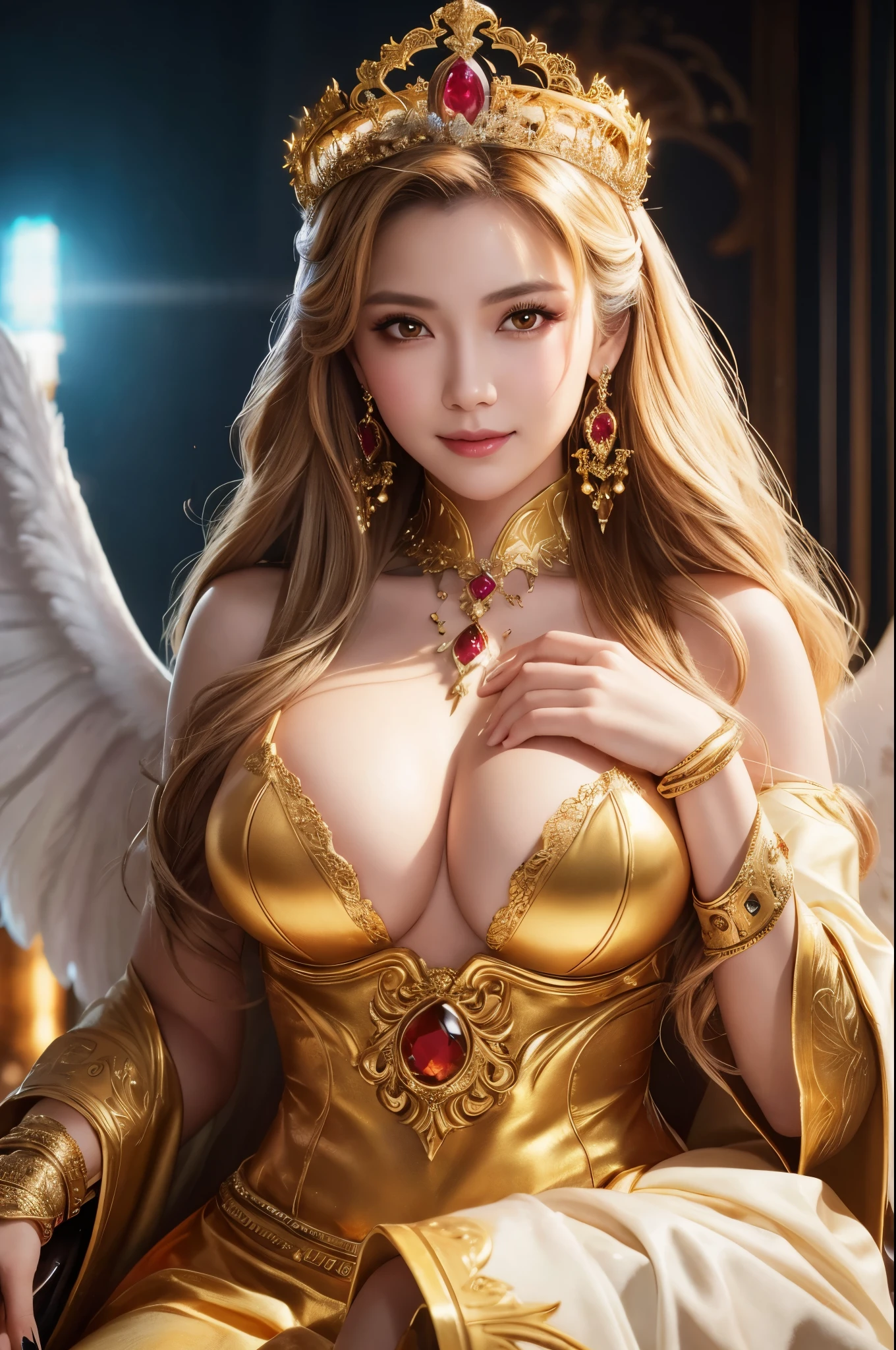 8K,Empress goddess wearing a white dress and holding golden wings, mature goddess with very big breasts,Super Beauty(Like the real thing)Ultra-realisticな肌,sexy goddess costume,Beautiful long white hair,Delicate and detailed golden decoration,Fan Art Best Art Station, ig model | art gelm, Beautiful Fantasy Empress, art gelm. Highly detailed ArtGerm, 2. 5d cgi anime fantasy artwork, wlop and ross tran, ((Beautiful Fantasy Empress)), Trending on cgstation, Ross Tran and WLOP,big earrings with red gems,とても優しいsmile,very large firm breasts,,A mature motherly goddess,Look at the viewers,Golden Eyes,Goddess of Beauty,Rich colors, Backlight, Cinema Lighting, Film Grain, 50mm lens, Nikon D850,smile,Ultra-realistic,Photorealistic RAW photos of the highest quality,Makeup,